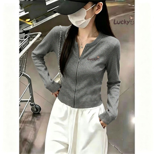 复古百搭磨毛短款体恤女2026新款春秋季开衫外套慵懒风宽松短上衣