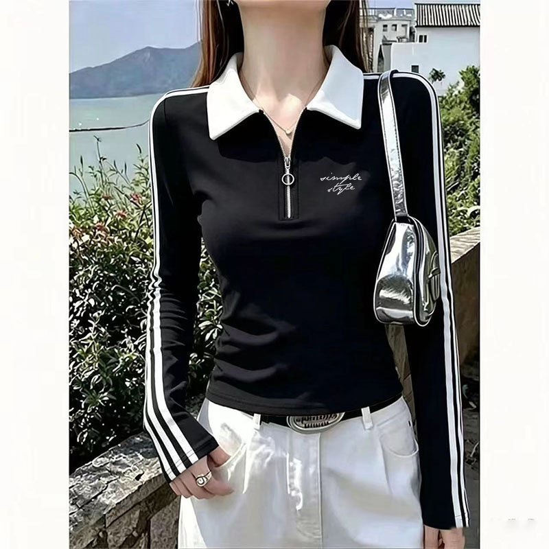 半拉链翻领三条杠短款长袖T恤女秋独特小众设计宽松显瘦百搭上衣