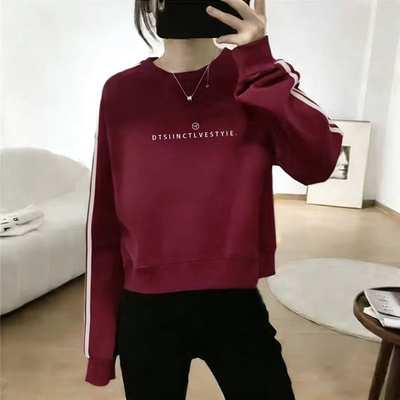 复古酒红色圆领拼色卫衣女生春秋长袖打底衫内搭小个子宽松上衣服