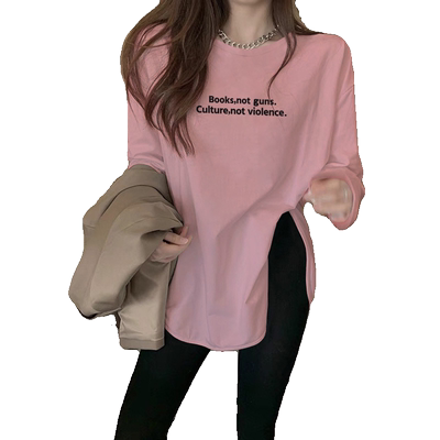 弧形下摆中长款长袖t恤女藕粉圆领上衣磨毛加厚打底衫秋冬季内搭