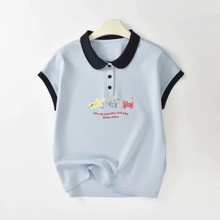 纯棉休闲简约别致上衣 夏季 正肩翻领钮扣Polo衫 印花短袖 T恤女短款