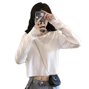 正肩白色内搭打底衫女早春新款宽松百搭纯棉长袖t恤短款上衣潮ins