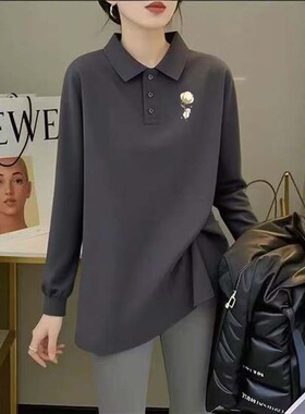 早秋新款polo长袖t恤女2025中长款灰色棉质打底衫外穿内搭上衣ins