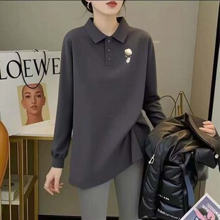 灰色棉质打底衫 t恤女2025中长款 外穿内搭上衣ins polo长袖 早秋新款