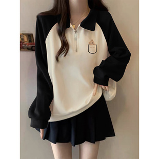 polo领半拉链卫衣女款小个子宽松慵懒风外套秋冬2025新款春秋上衣