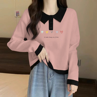 针织衫 遮肚子撞色POLO领长袖 春秋胖妹妹显瘦宽松百搭上衣 女装 大码