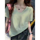 2025新款 T恤女夏季 洋气减龄薄荷绿上衣潮 纯棉正肩V领短袖 大码