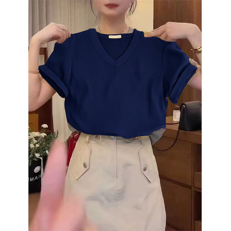 藏蓝色显白v领t恤女2025新夏短袖正肩宽松大领口棉质显瘦低领上衣
