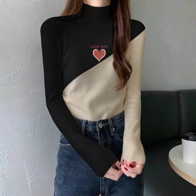 半高领加厚磨毛打底衫女内搭欧洲站2025秋冬新款修身拼色长袖T恤