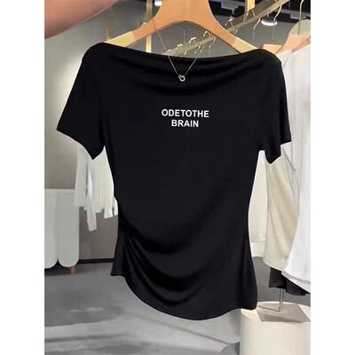 高级感爆款黑色修身褶皱短袖t恤女夏季2025年新款一字肩棉质上衣