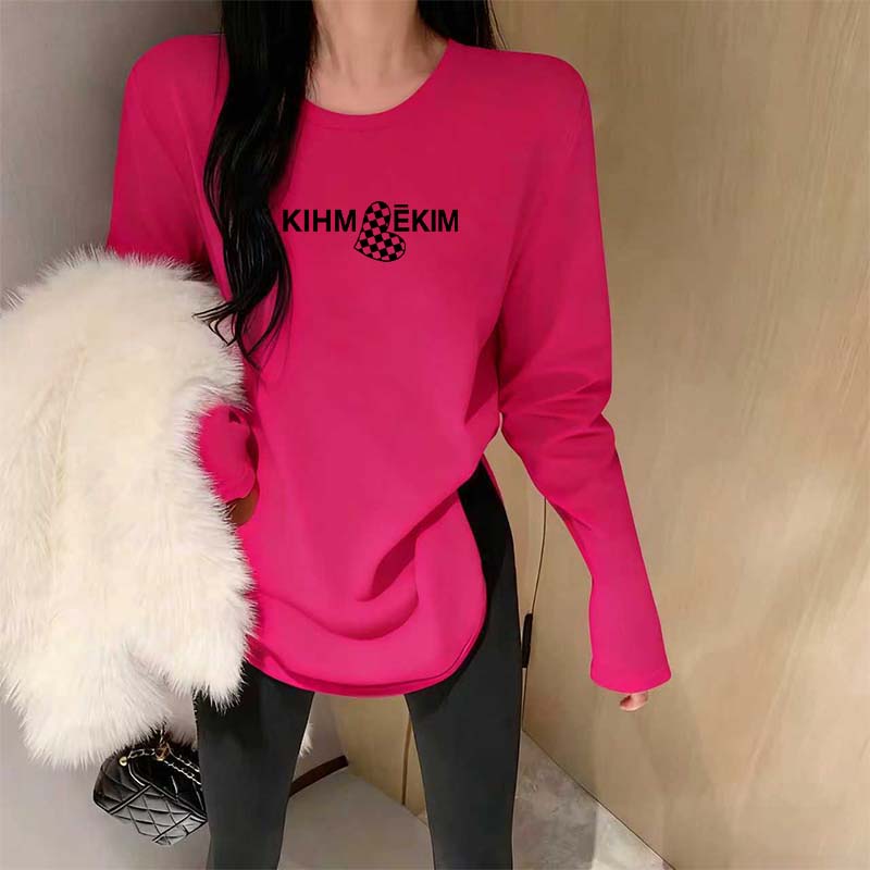 磨毛款t恤玫红色打底衫女秋冬季加绒加厚宽松遮肉慵懒风保暖上衣