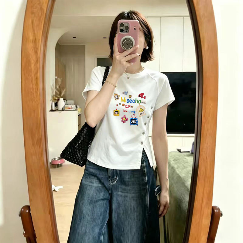 夏日新款性感纯欲风收腰修身白色短袖T恤女生ins潮流纽扣印花上衣