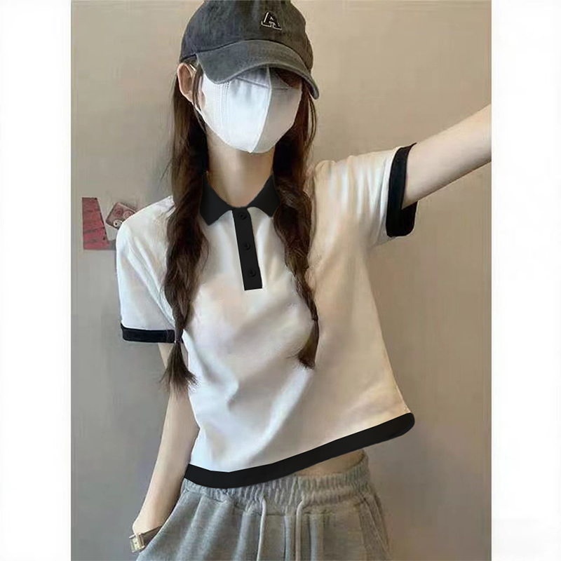 Polo领棉质短袖t恤女夏设计感小众宽松打底洋气纯欲风白色上衣