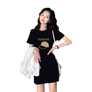 中长款T裙纯色夏露腿性感显瘦短袖圆领棉质T恤打底衫女连衣裙短裙