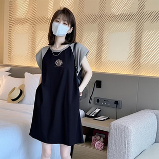 寬松韓版 韓系短袖 口袋裙夏季 大碼 t恤裙插肩氣質(zhì)小個(gè)子中長(zhǎng)裙子ins