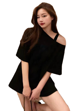 辣妹露肩小心机别致T恤女2025年夏季新款韩版慵懒中长款短袖上衣