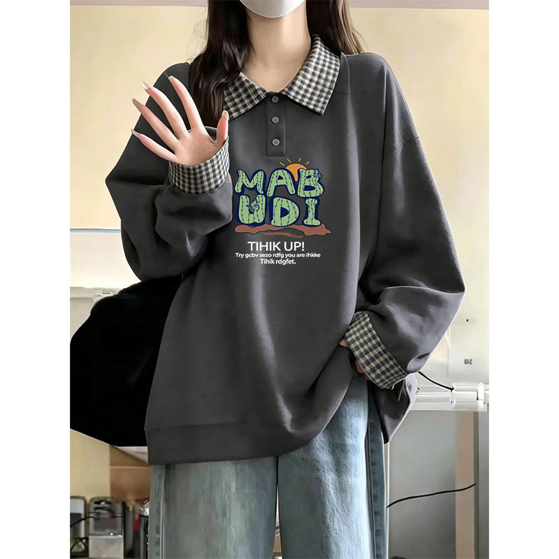 灰色假两件POLO领格子卫衣女2026秋冬季加绒加厚棉质舒适百搭上衣
