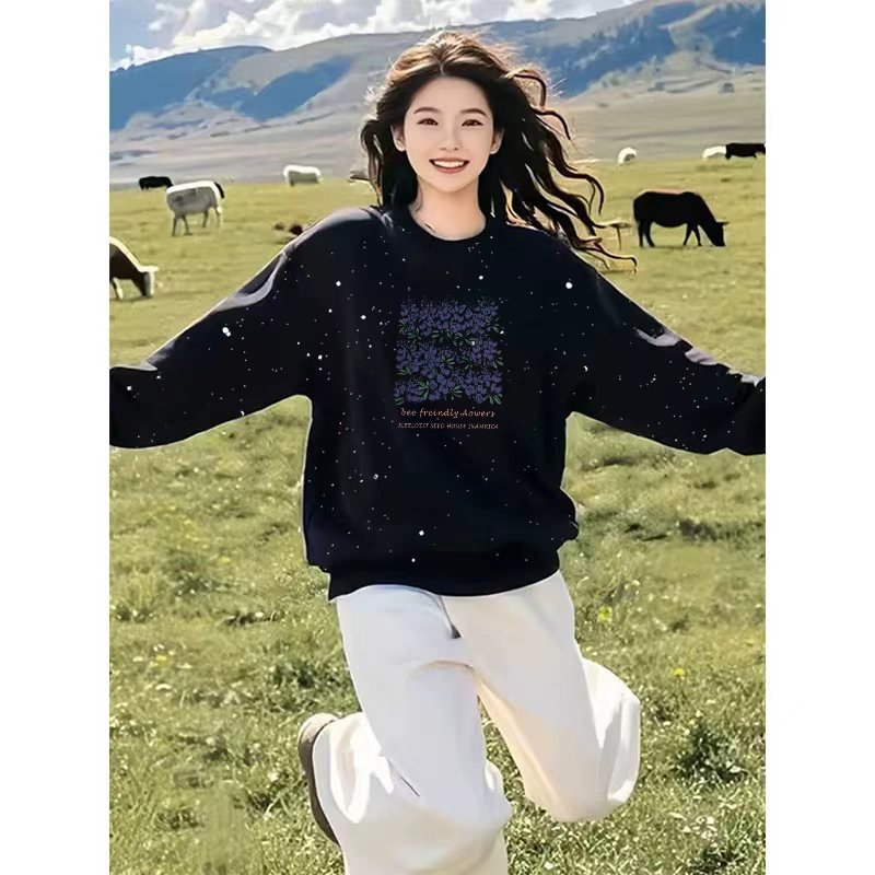 春秋季女装胖mm遮肉薄款卫衣女春秋款韩版宽松百搭亮闪闪圆领上衣