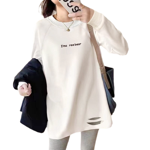 下摆破洞长袖T恤女纯棉白色t百搭打底衫女中长款宽松上衣春秋薄款