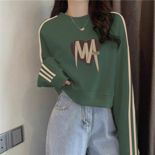 三条杠圆领套头短款卫衣女加绒加厚秋冬宽松高腰显瘦小个子上衣服