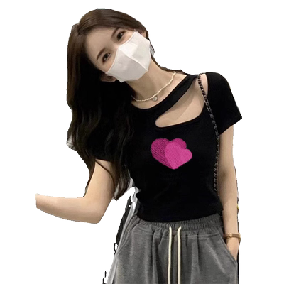 美式辣妹黑色正肩不规则短袖t恤女夏季紧身修身显瘦纯棉短款上衣