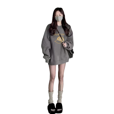 秋冬加绒加厚卫衣女圆领无帽oversize长款遮屁股2022新款冬季女款