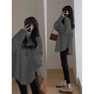 灰色内搭打底衫2025新款女秋冬加厚卫衣长袖上衣遮臀中长款t恤