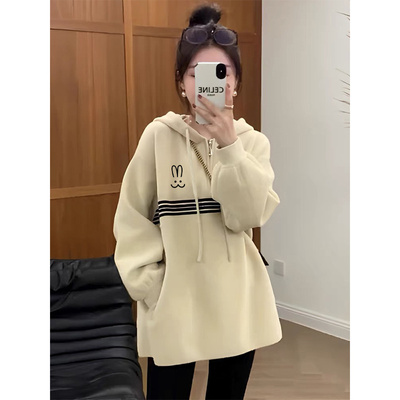 2025新款休闲半拉链撞色连帽卫衣女秋冬季慵懒风宽松中长款上衣