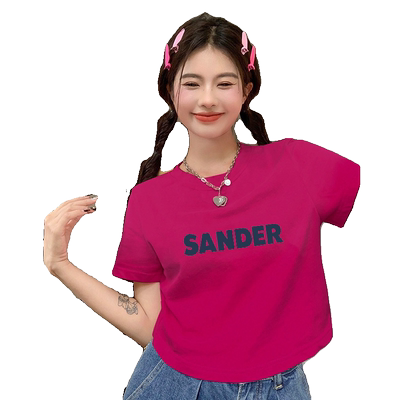 玫红色圆领短袖t恤女夏季新款设计感弧形下摆修身显瘦短款上衣女