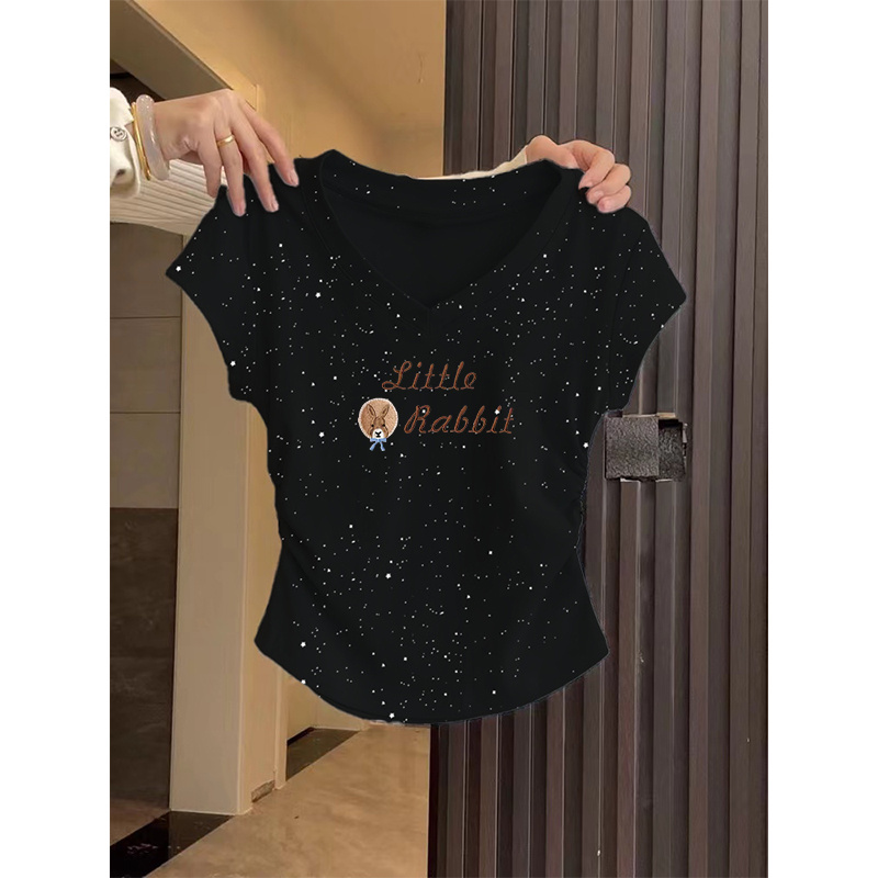 美式辣妹褶皱收腰亮闪闪短袖T恤女夏季2025新款修身短款V领上衣