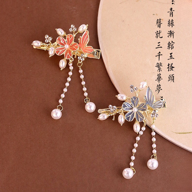 奥特莱斯古风山茶花彩绘流苏发夹复古精致花朵珍珠侧边夹汉服旗袍