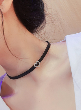 奥特莱斯撤柜韩版爱心颈链颈带女锁骨链脖子项圈黑色镶钻项链2024