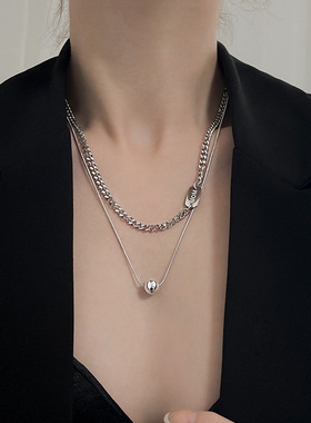 奥特莱斯撤柜2024年新款方牌圆珠双层叠戴项链钛钢ins冷淡风欧美