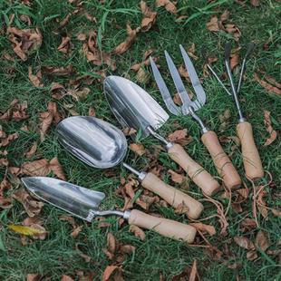 不锈钢小铲子榉木养花家用盆栽铲花铲铁锹套装三件套园艺种花工具