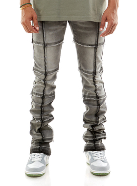 KDNK美式修身多拼片毛边潮流牛仔全棉微弹男裤-KND4482