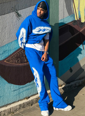 KDNK美式复古喷漆印花连帽卫衣套装男秋冬新款宽松休闲运动两件套