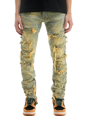 KDNK美式潮流街头破洞修身弹力提花牛仔裤-KND4666