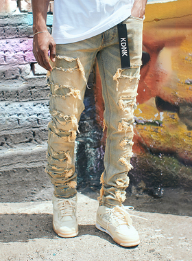 KDNK美式修身破洞拼接垫布潮流牛仔高街水洗微弹爆款男裤KND4543