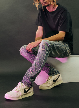 KDNK美式潮流街头修身弹力提花牛仔裤-KND4687