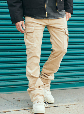 KDNK灯芯绒休闲裤美式修身长裤口袋全棉微弹潮流微喇叭-KNB3332