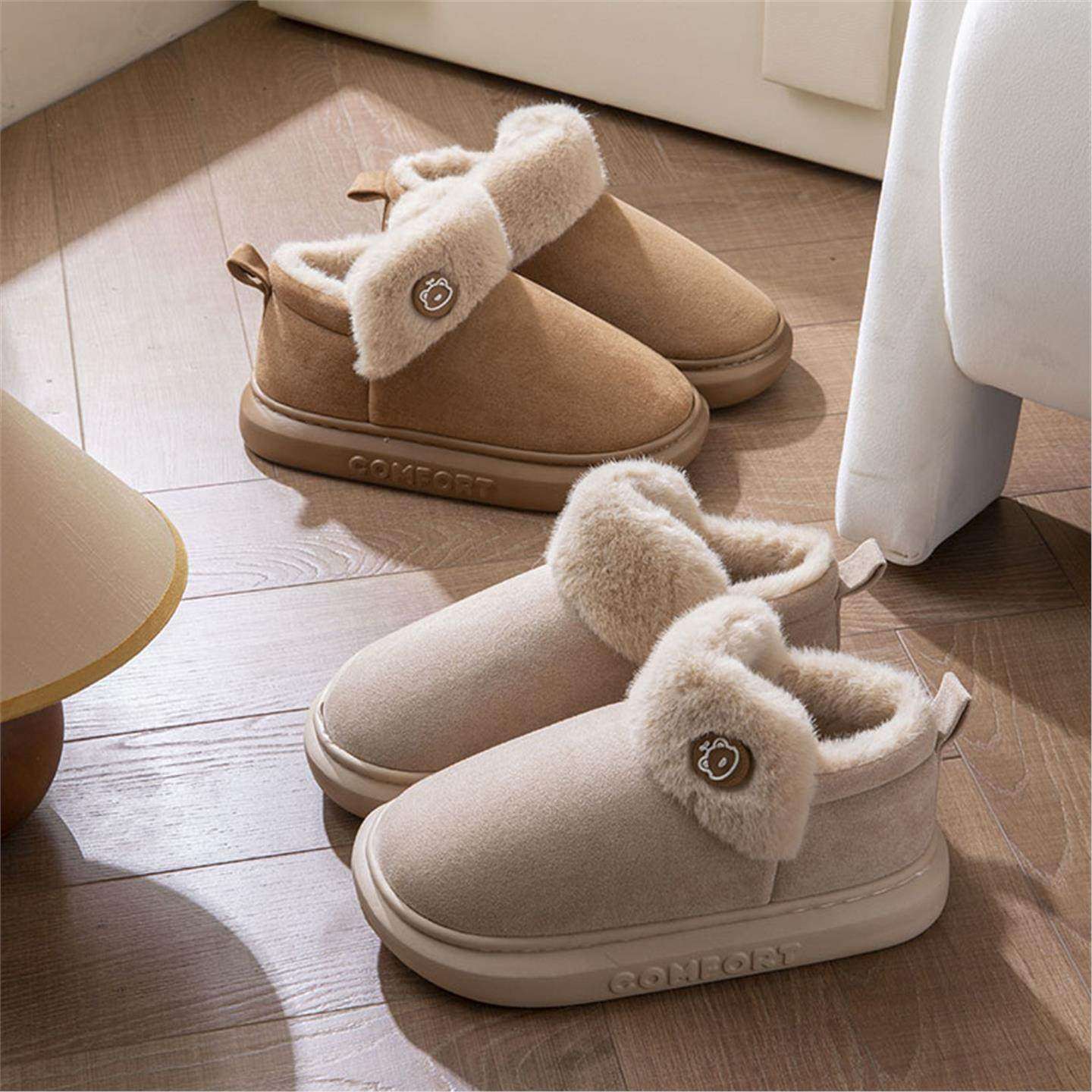 高帮毛棉拖鞋男女包跟秋冬季情侣室内有带后跟棉鞋厚底居家用保暖