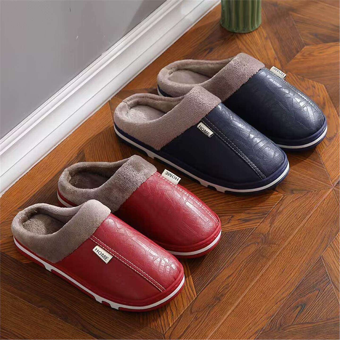 PU防水棉拖鞋女冬季厚底包跟家居情侣室内防滑保暖男加绒加厚居家