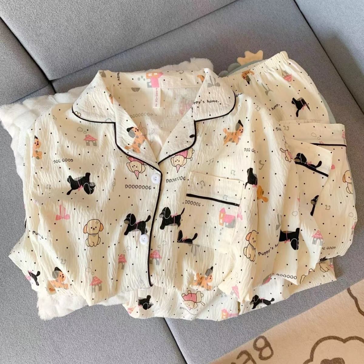 抖音快手直播睡衣女春秋云朵棉翻领开衫长袖宽松甜美家居服套装
