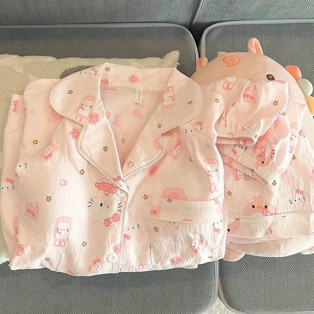 云朵棉翻领开衫女式春秋睡衣宽松甜美慵懒居家休闲全套家居服套装
