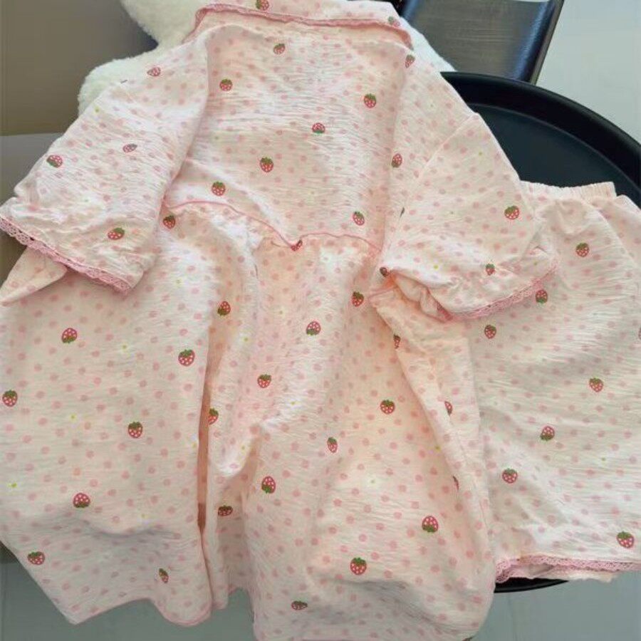 乖巧娃娃领波点草莓家居服夏短袖短裤甜美少女居家睡衣两件套