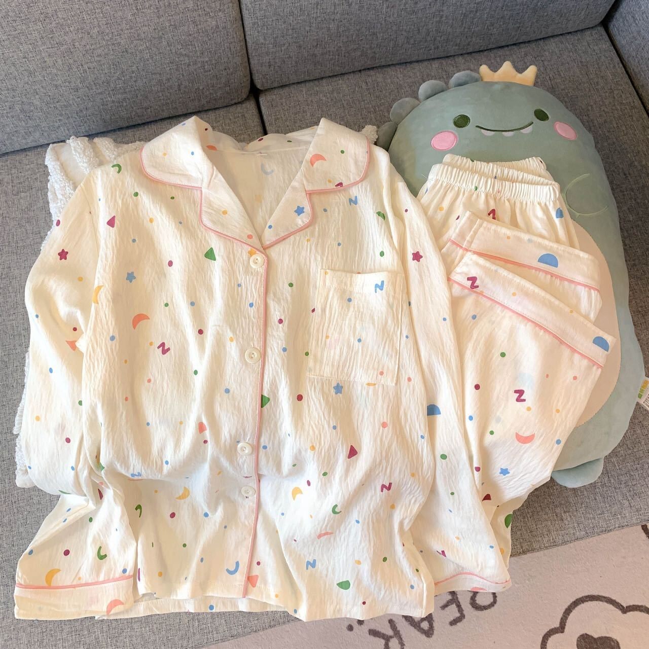 少女风棉翻领开衫睡衣女春秋宽松长袖软糯居家可外穿家居服套装