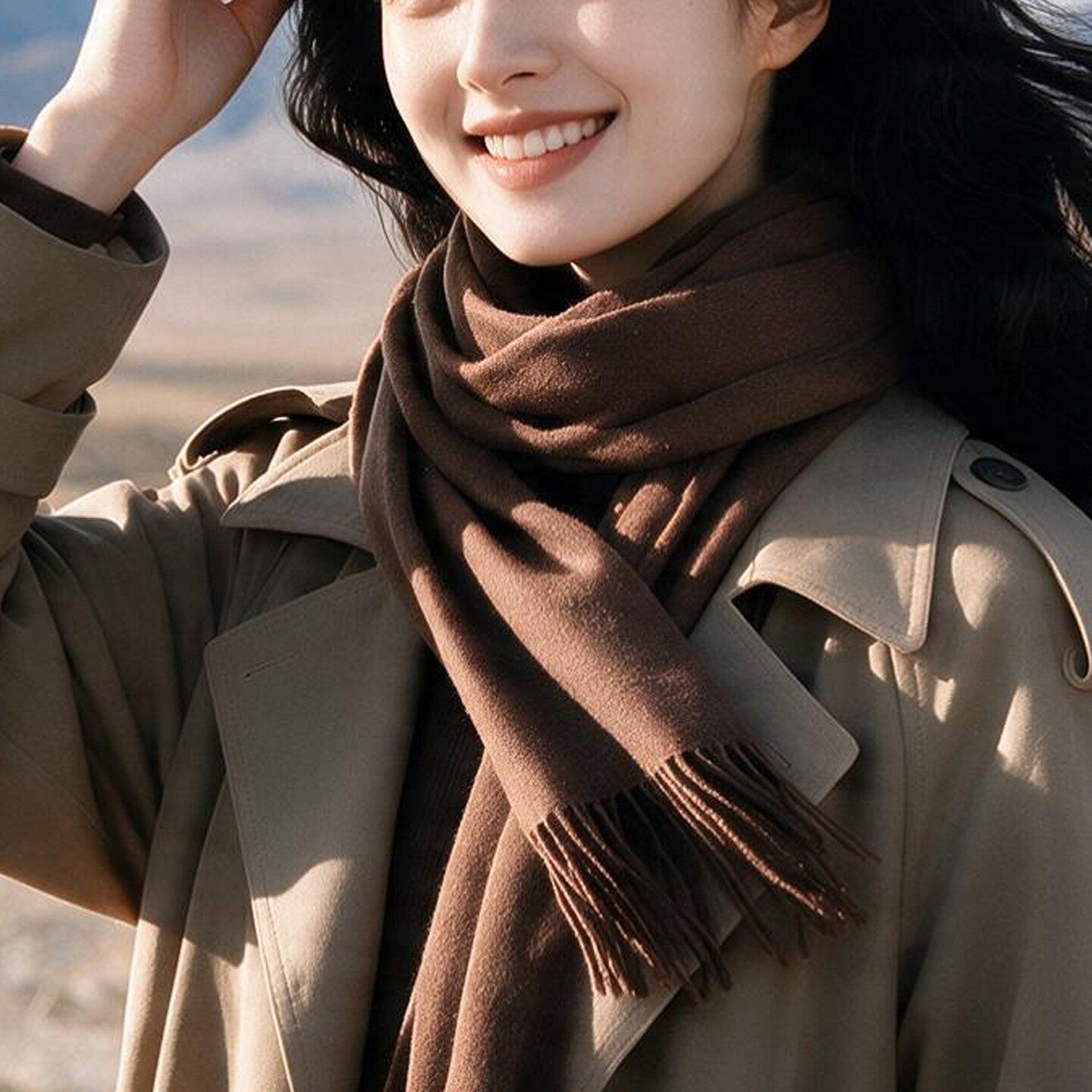 女士春秋百搭仿羊绒围巾韩系纯色氛围感柔软保暖围脖多用披肩