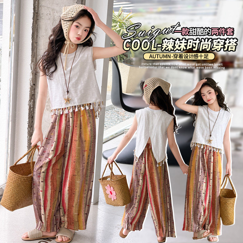 女童夏季波西米亚套装2026新款女孩无袖T恤复古休闲九分裤两件套6