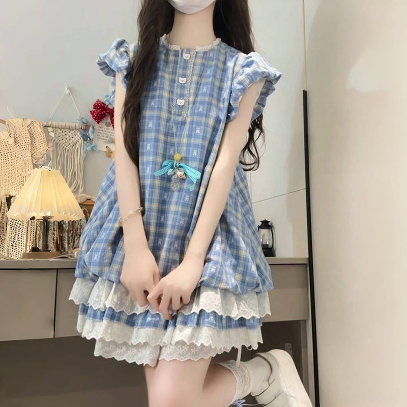 女童韩版泡泡袖格子套装中大童女孩学院风蛋糕裙2026新款两件套潮