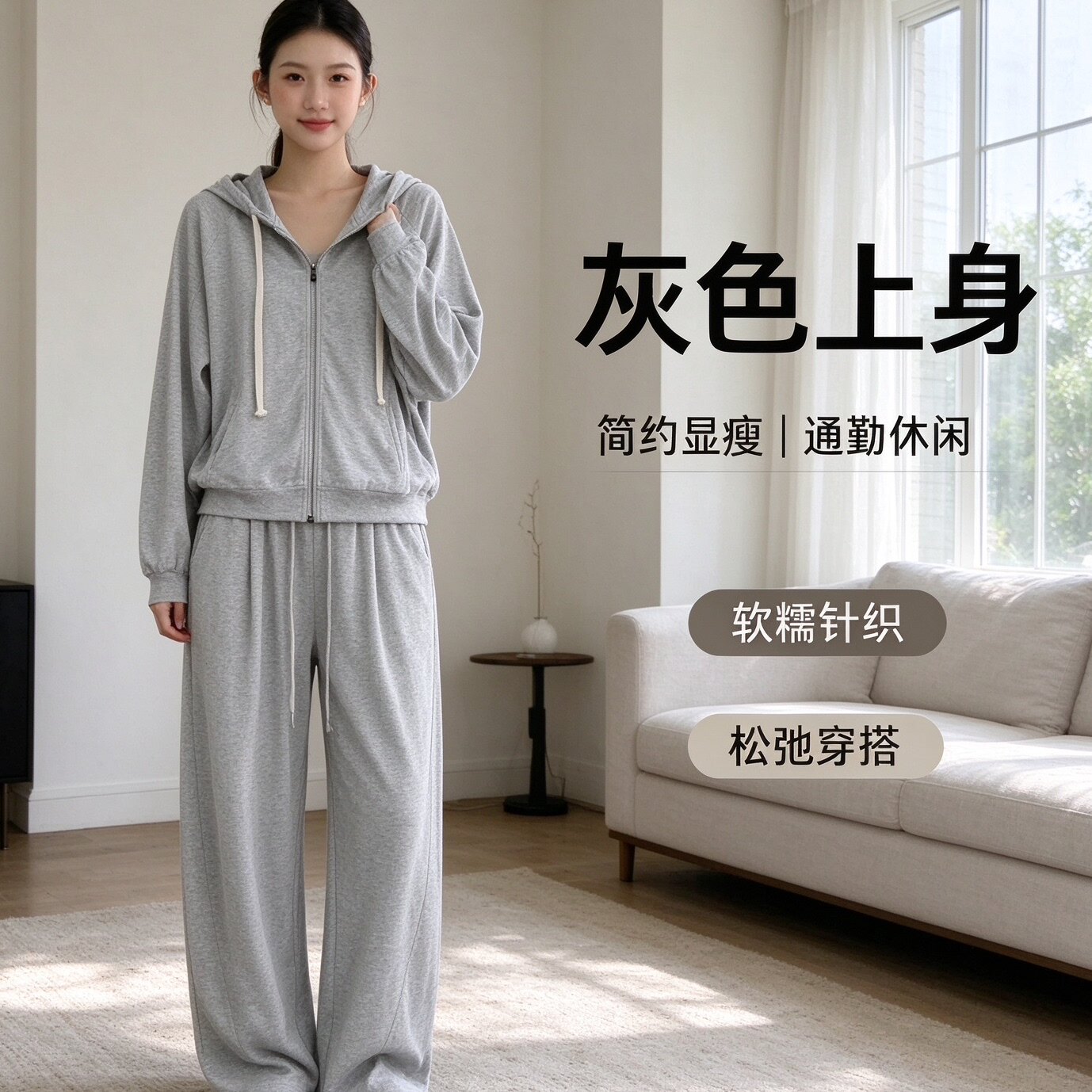 亚麻连帽拉链开衫直筒裤运动套装